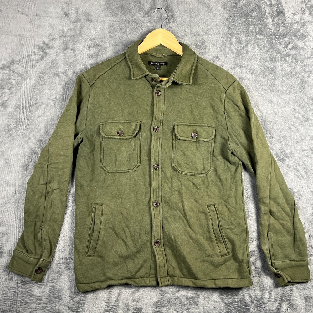 Banana Republic Shacket Mens Medium Olive Green Flap Pockets Button Front Winter